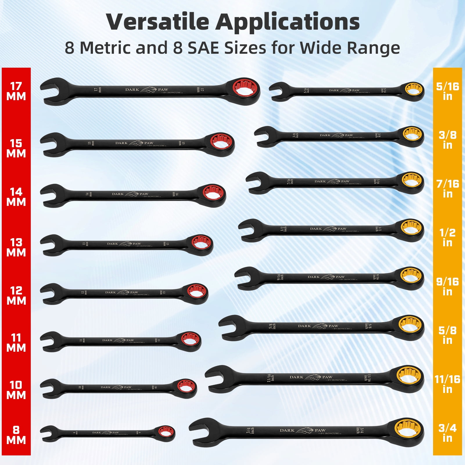 IRONCUBE 16-Piece Metric & SAE Ratcheting Wrench Set - Black Chrome Vanadium - Including Water-Resistant Wax Canva Bag - for Automotive Repair