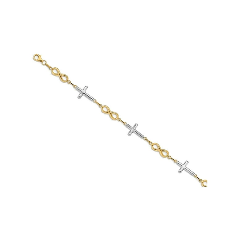 14K Yellow and White Gold Infinity Cross Bracelet 7.25 Inches