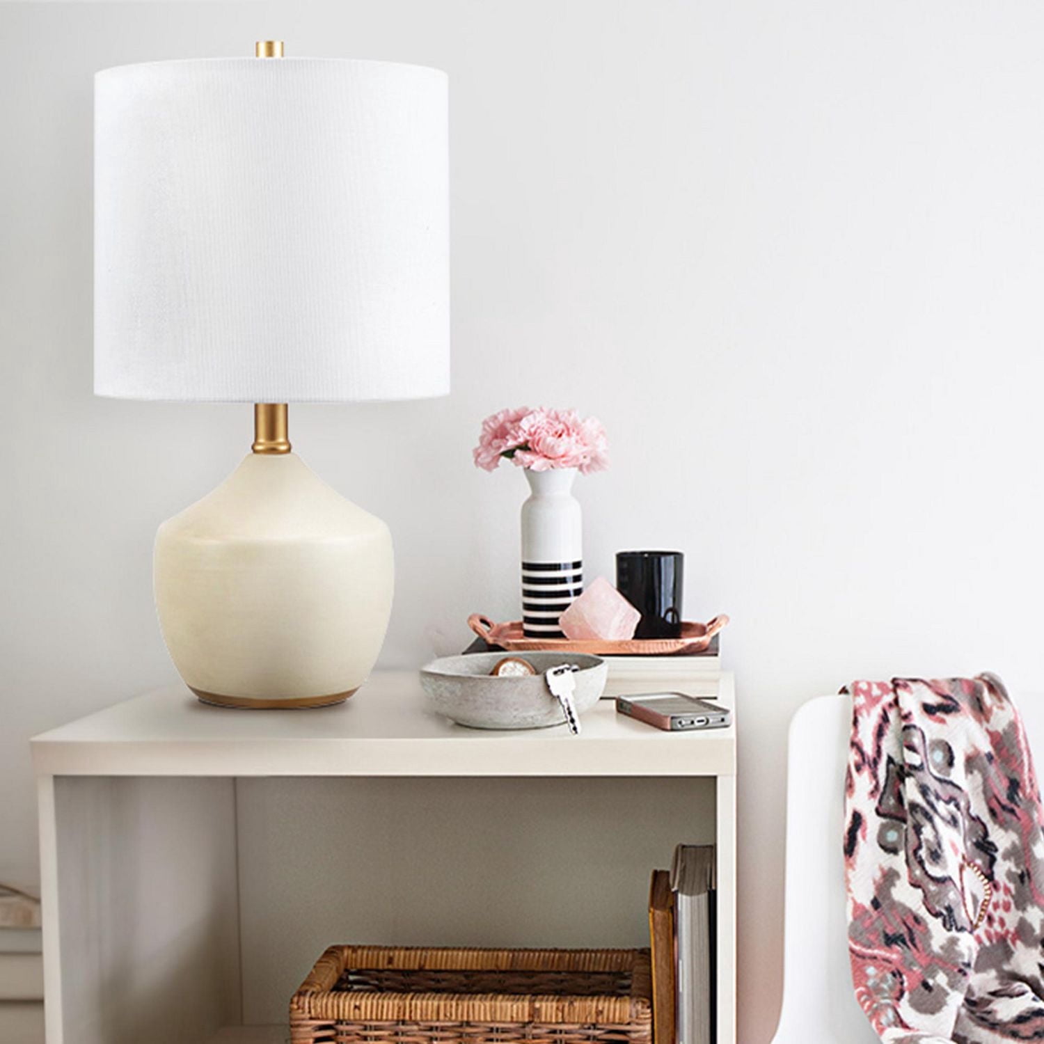 Novogratz x Globe 16" Cream Finish Concrete Textured Ceramic Table Lamp with White Linen Shade