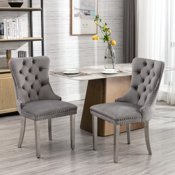 Velvet Dining Chairs Set of 2, Contemporary Barstools with Nailhead Trim and Button Tufted Decoration, Modern Armless Accent Chair Club Chair with Silver Metal Legs for Living Room Kitchen, Gray