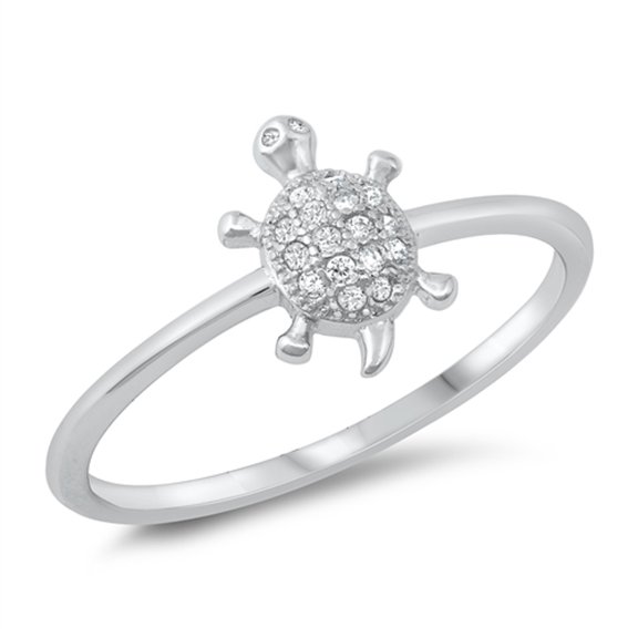 Cute Turtle Ring Clear Cubic Zirconia .925 Solid Sterling Silver Band White Jewelry Female Size 10