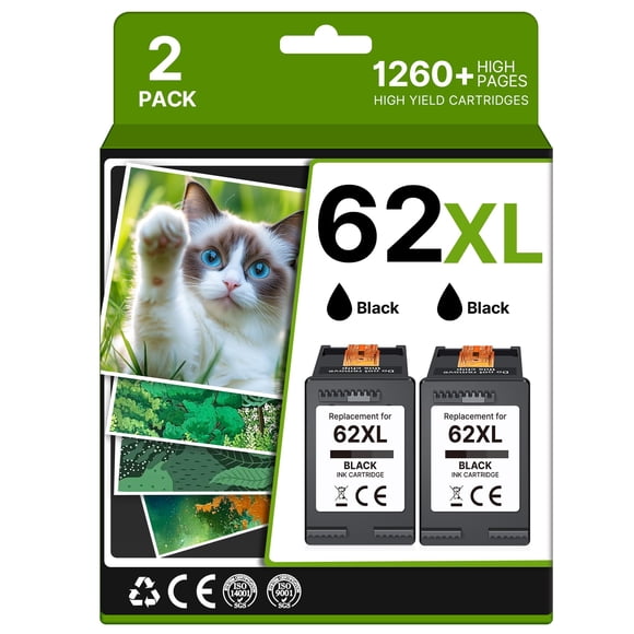 Cartucho de tinta negro Adoccur 62XL, paquete de 2 para impresoras HP