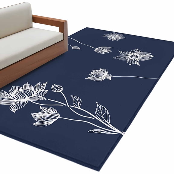 Area Rugs for Living Room 4x6 Ft, Navy Blue White Floral Non Slip Area Rugs for Kitchen Bedroom Entryway, Abstract Art Summer Botanical Washable Carpet Runner Rug Floor Mats for Bedroom Home Decor