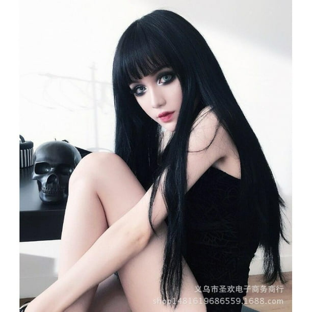 Peluca de cabello largo para mujer, cabello lacio negro natural, con fruncido en el aire, para dar forma al rostro, uso diario, peluca de extensión de longitud media