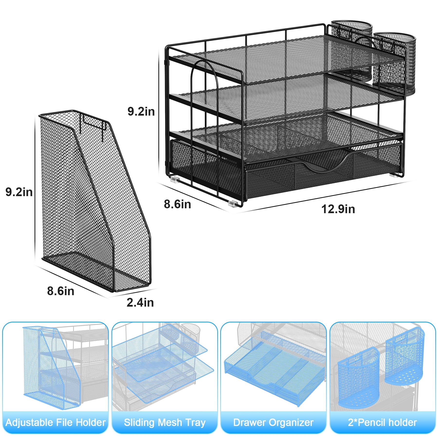 Desk Organizers And Accessories With File Holder  4-tier & Workspace Drawer 2 Pen Paper Organizer For Office Supplies (black)