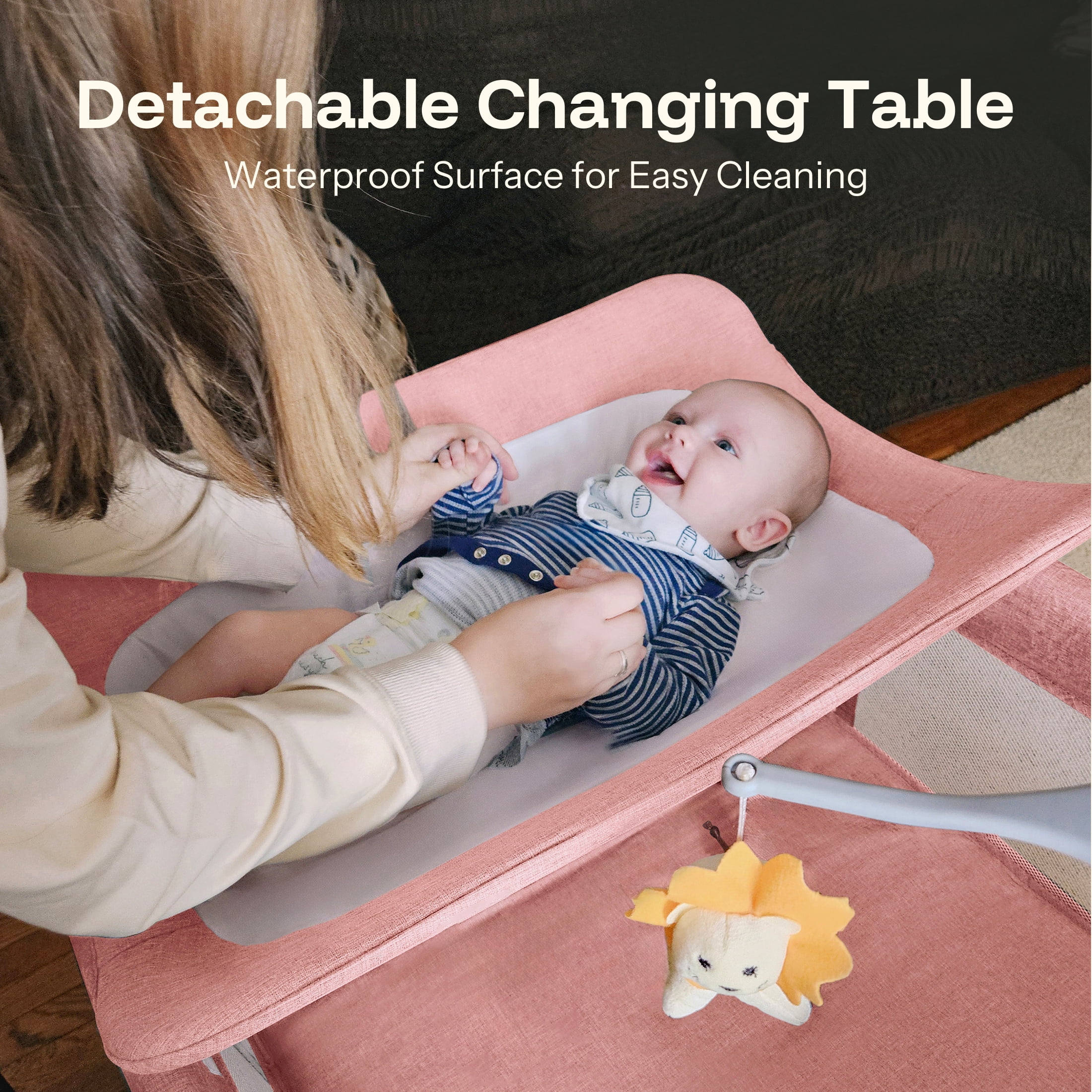 HARPPA 5 in 1 Baby Playard with Bassinet & Changing Table for Newborn, Pink