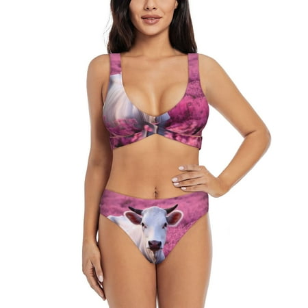 Zeuib Flower Field Cow High Waisted Tummy Control Bikini Set - Knot Front Push Up Top & Cheeky Thong Bottom  Two-Piece Swimsuit for Women-Small