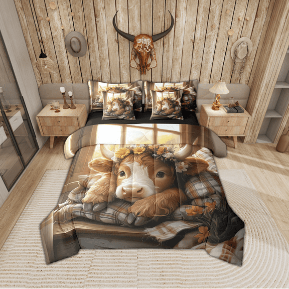 Erosebridal Highland Cattle Bed in a Bag Full Size, Vintage Farmhouse Bed Set, Farm Animal Bedroom Decor, Reversible 7-Piece