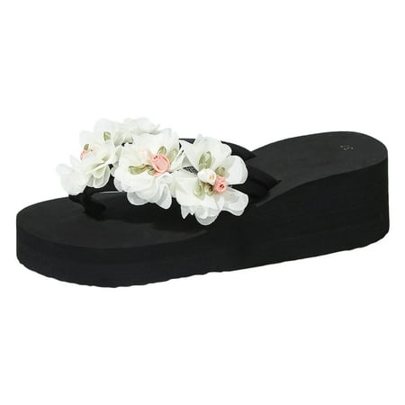

ZHAGHMIN Sandals Women Fashion Size8.5 Flower Decor Wedge Thick Bottom Flip Flops for Women Open Toe Breathable Comfortable Summer Slippers Beige