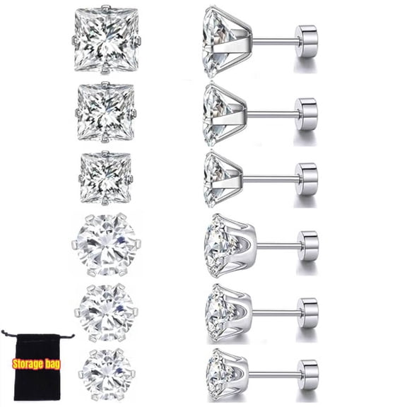 6 Pairs Titanium Flat Back Earrings -  Surgical Stainless Steel Round Square Princess Cut CZ Screw Back Stud, Hypoallergenic Cubic Zirconia Earrings for Women Men