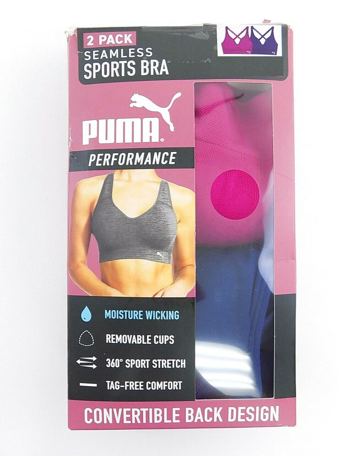 Puma Women's Convertible Seamless Sports Bra 2 Pack, White/Blue Large 