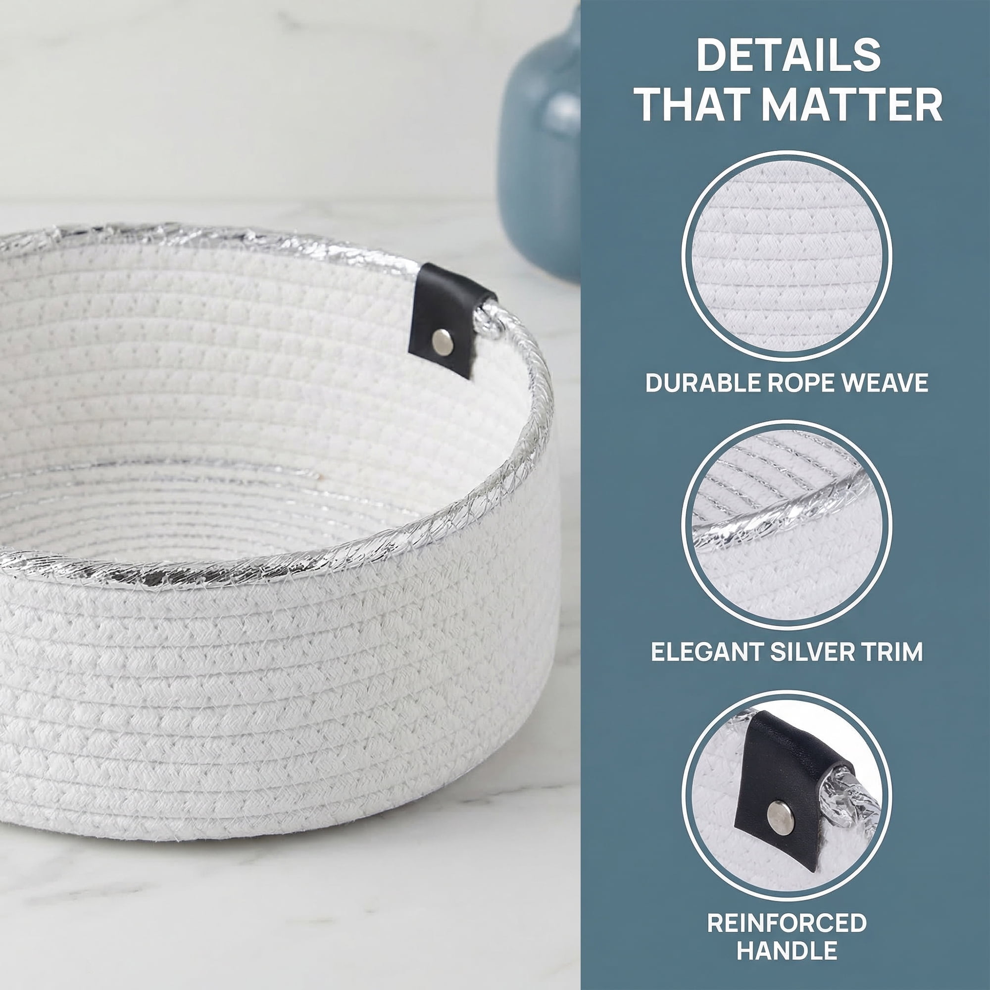 Unique Bargains Woven Storage Basket for Key Tray Bowl White-Silver 8.3*8.3*3.5in