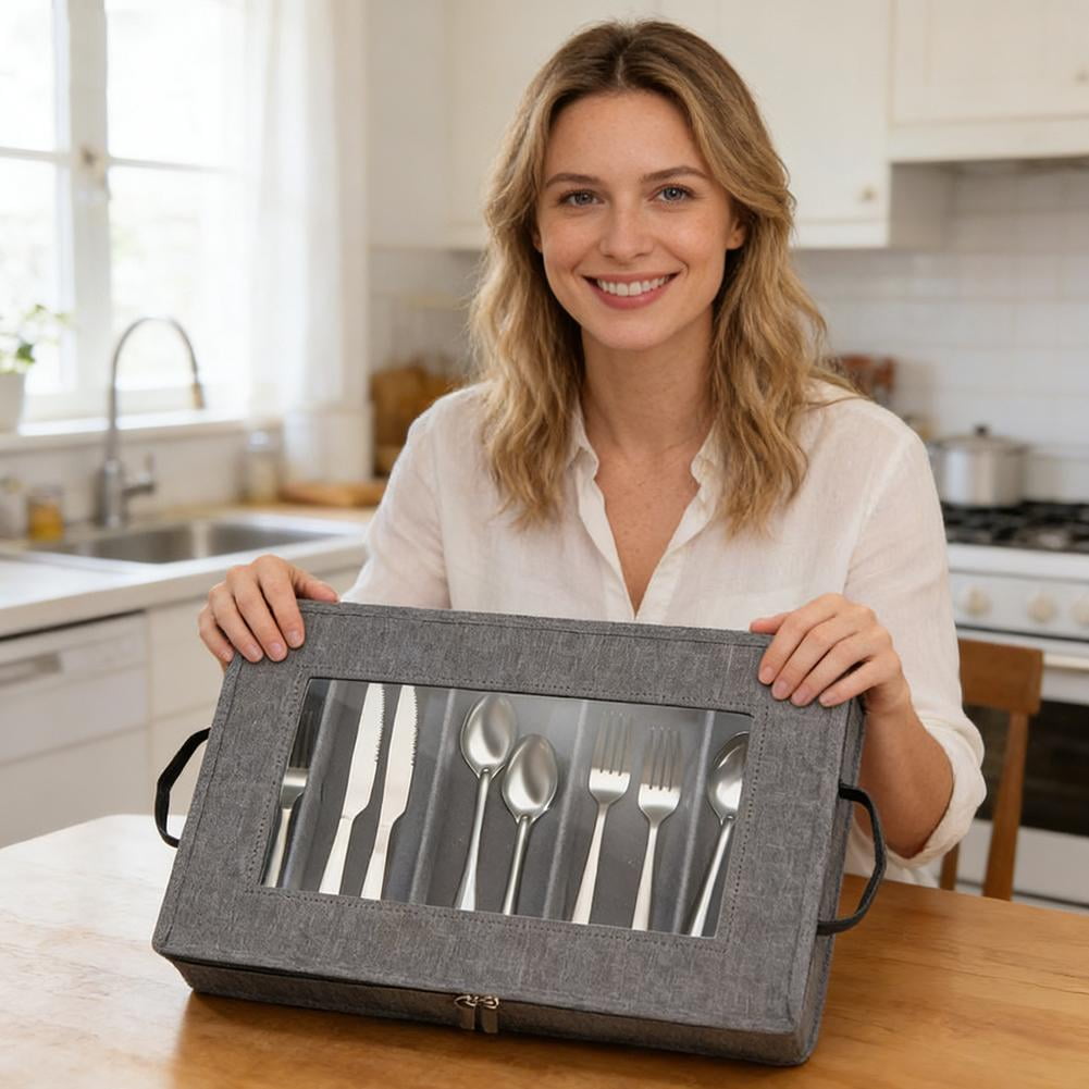 Large Capacity Silverware Storage Box – Linen-Like Utensil Organizer with Removable Lid & Adjustable Dividers, Foldable Portable Cutlery Holder for Knives Forks Spoons, Kitchen Pantry Camping Storage