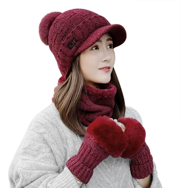 3 en 1 hiver tricoté bonnet chapeau visage cou plus chaud ensemble pour  femmes filles polaire doublure ski casquettes avec pompon 