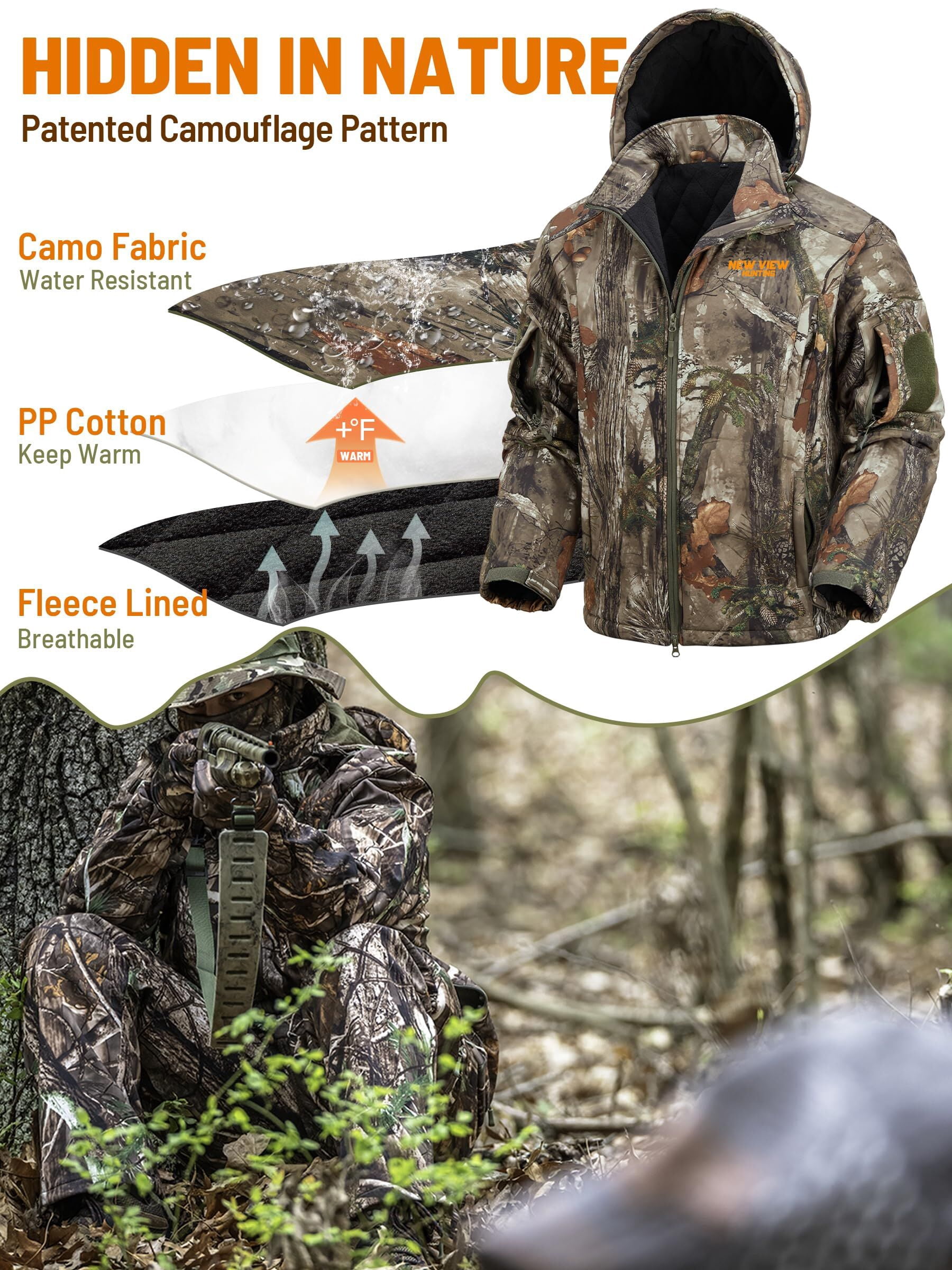 NEW VIEW Insulated Hunting Jacket for Men Cold Weather, Warm Camo Hunting Jackets with Hood, Water Resistant Hunting Clothes