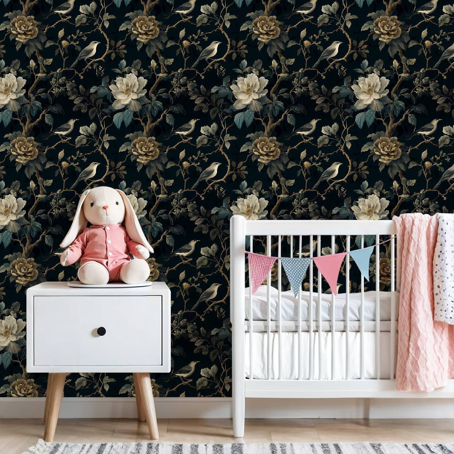 Boho Peel and Stick Wallpaper Elegant Birds Vintage Floral Dark Botanical Wall Mural 23.6in x 9.8ft Self Adhesive Removable Wall Paper Renter Friendly Wallpaper for Nursery Bedroom Cabinets