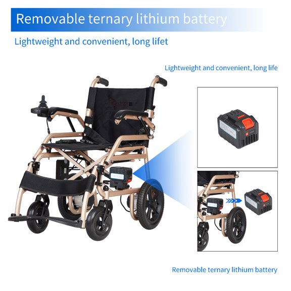 33lbs Brushless Motor Light Electric Wheelchair, Ultra Light Electric Wheelchair, 400W Intelligent Brake Power wheelchairs, Folding Electric Wheelchair for Adults, Only 33 lbs, Gold Black