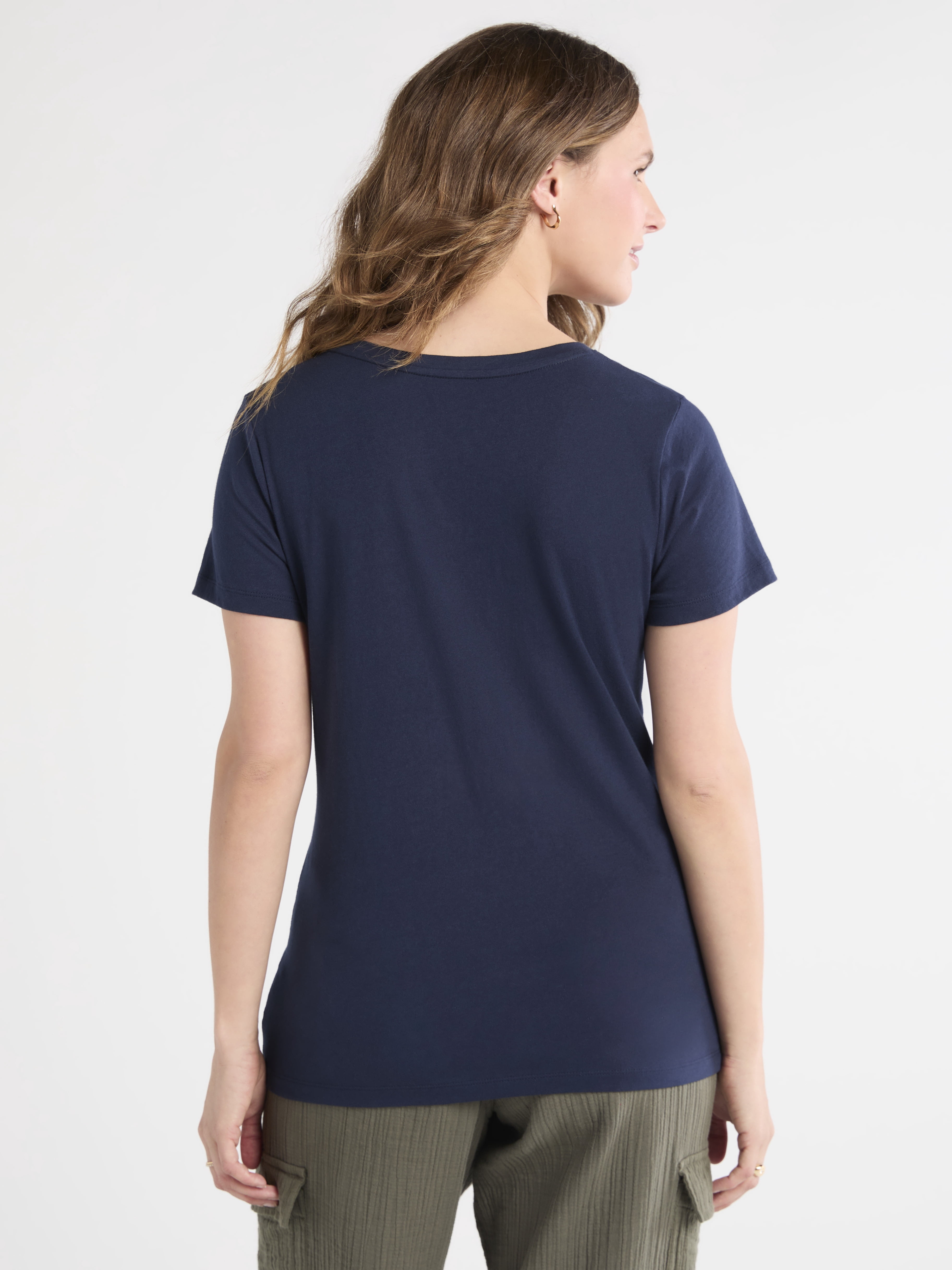 Time and Tru Women's Cotton V-Neck Tee with Short Sleeves, Sizes XS-4X