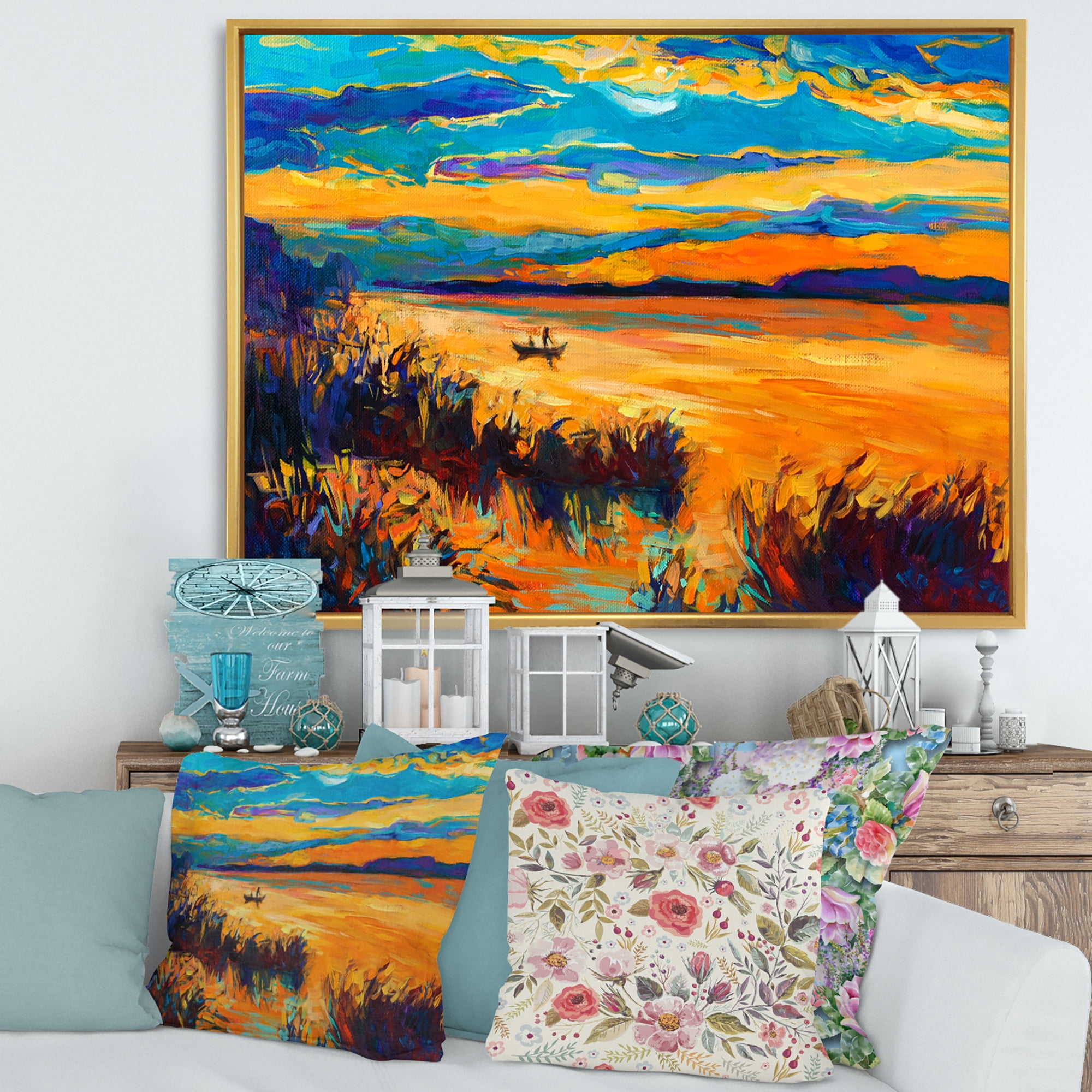 Designart 'Little Boat At The Horizon Of A Lake During Evening Glow' Nautical & Coastal Framed Canvas Wall Art Print