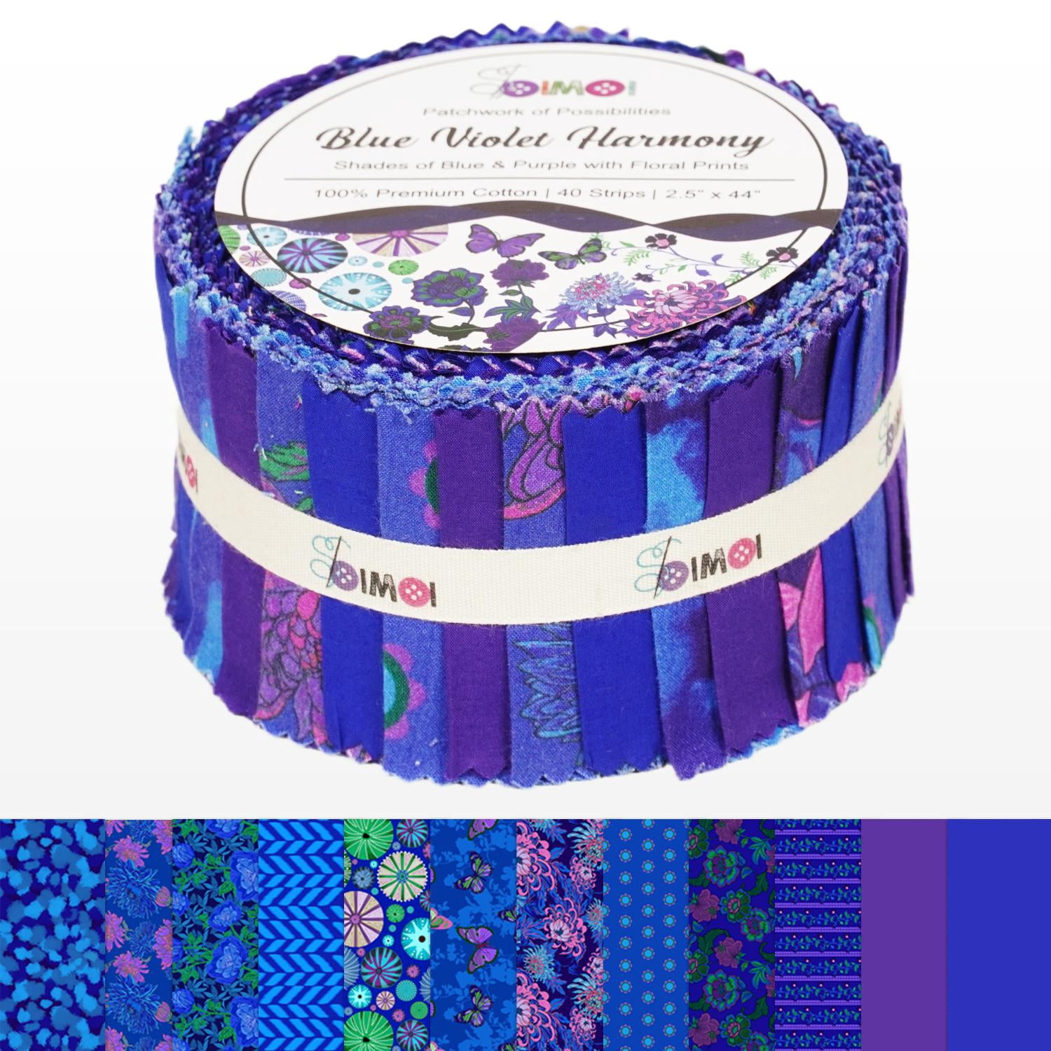 Soimoi Jelly Roll 40 Strip Assorted Bundle, Fabric Strips for Quilting, Crafting, 100% Cotton Fabric Jelly Roll Bundle For Scrapbooking, Precut Quilt Projects, DIY Crafts- Blue Violet Harmony