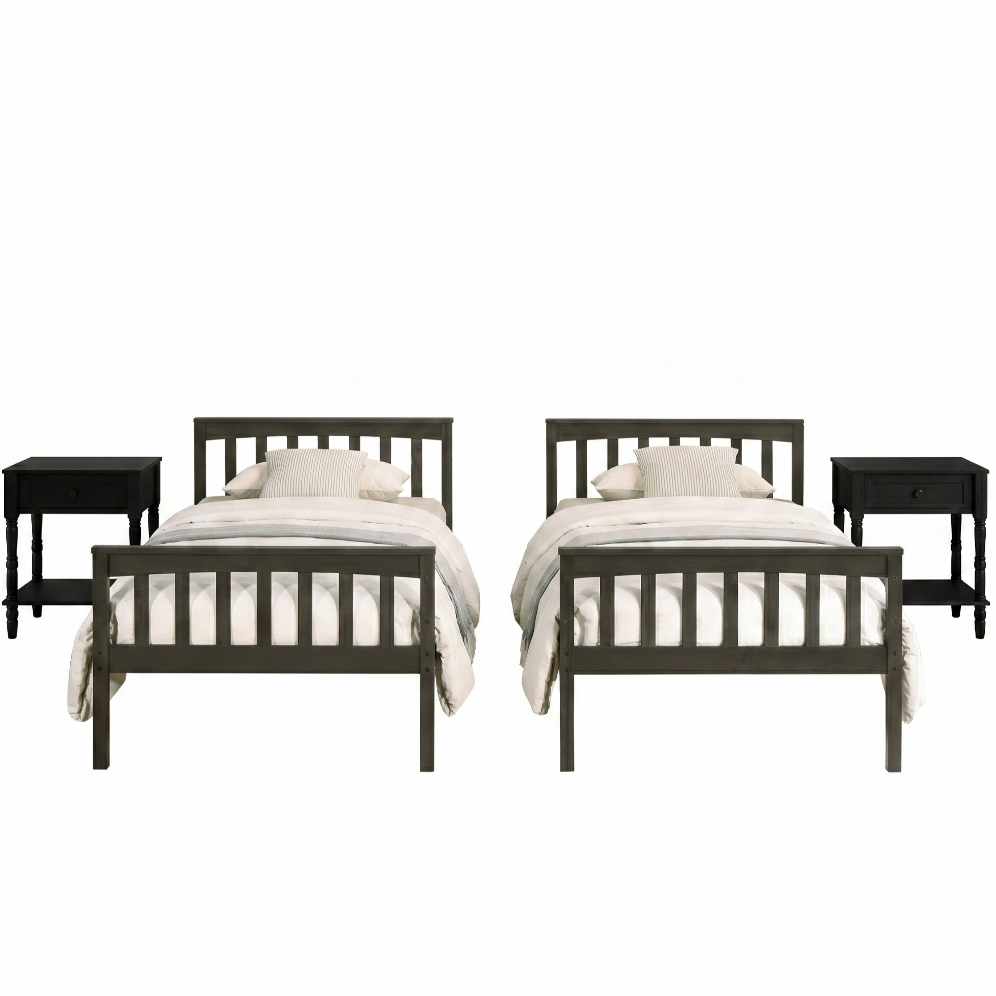 Home Design Ames Twin Over Twin Solid Wood Bunk Bed with 2 Ruston Nightstand – 3-Piece Space-Saving Bedroom Set, Gray/ Black