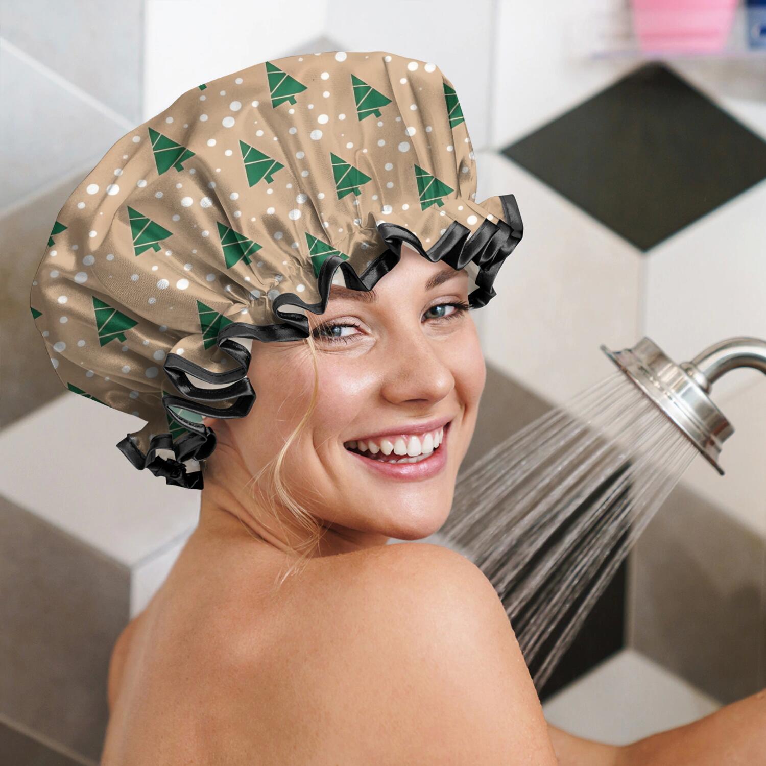 Shower Caps,Brown Christmas Tree Pattern Waterproof Shower Cap for Women 4 Pieces,Double Reusable Hair Cover for Shower PEVA Elastic Stretch Hem