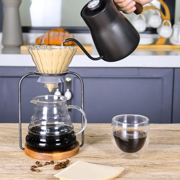Pour Over Coffee Dripper Set with Glass Server and Wooden Base, Manual Coffee Filter Holder for Home Office Travel, Black