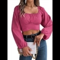 thumbnail image 3 of Blusa Corta con Volantes, Cuello Cuadrado y Fruncido para Mujer, Larga y Lazo Anudado Rosa Roja XL, 3 of 10