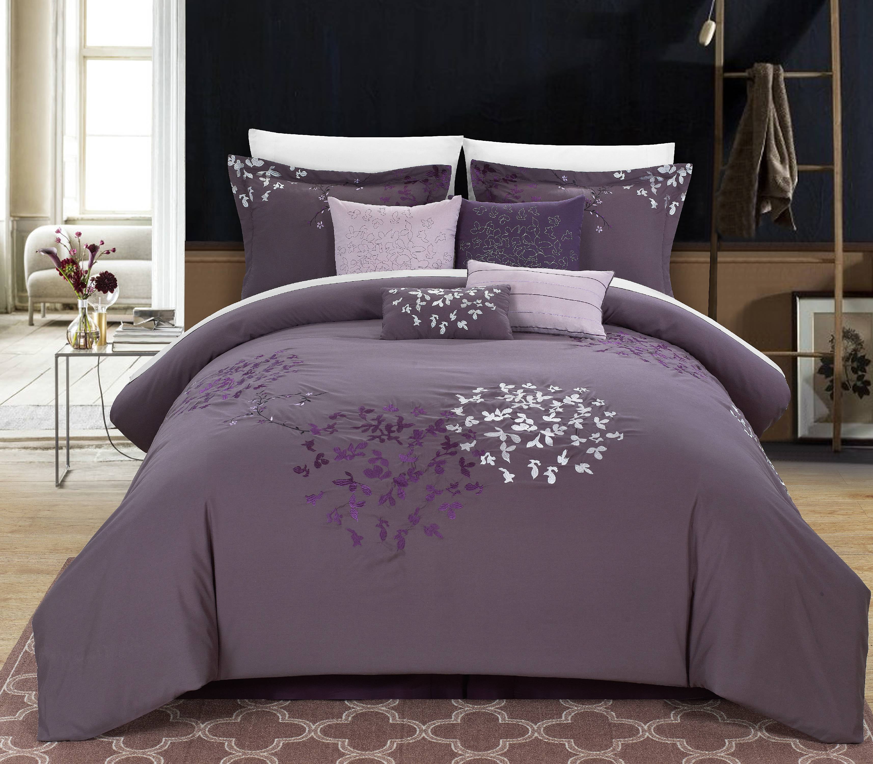 Queen, Purple/Grey All American Collection New 7 Piece Embroidered Over-Sized Comforter Set