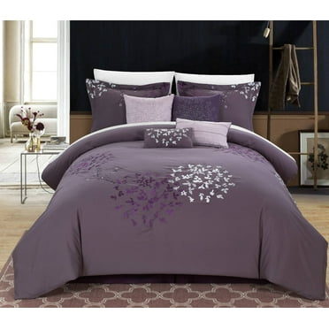 Chic Home Chelsia 8-Piece Floral Embroidered Comforter Set, Plum, King