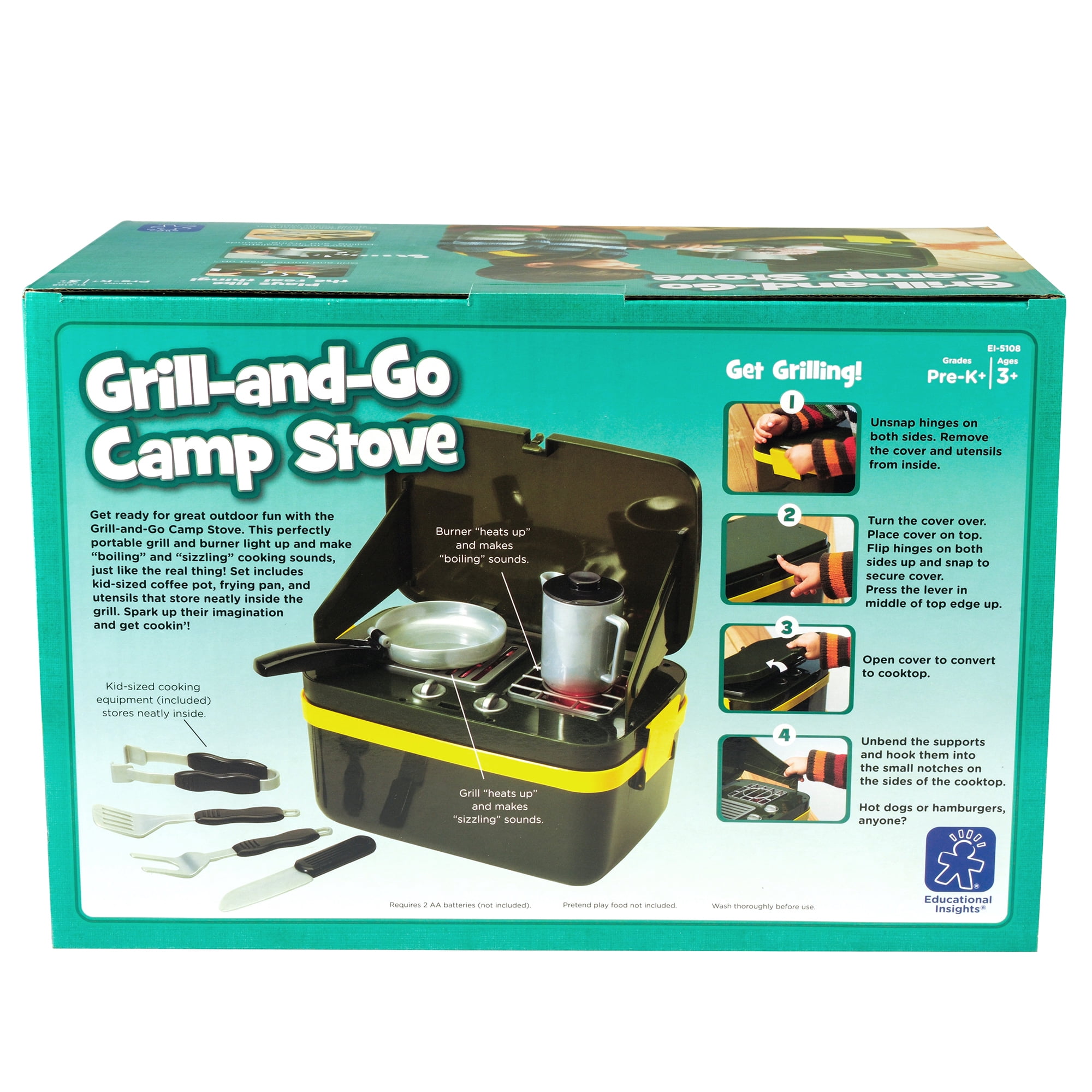 Educational Insights Grill & Go Camp Stove, Plastic Pretend Play Set with Lights and Sound, Play Food, Kids Ages 3+