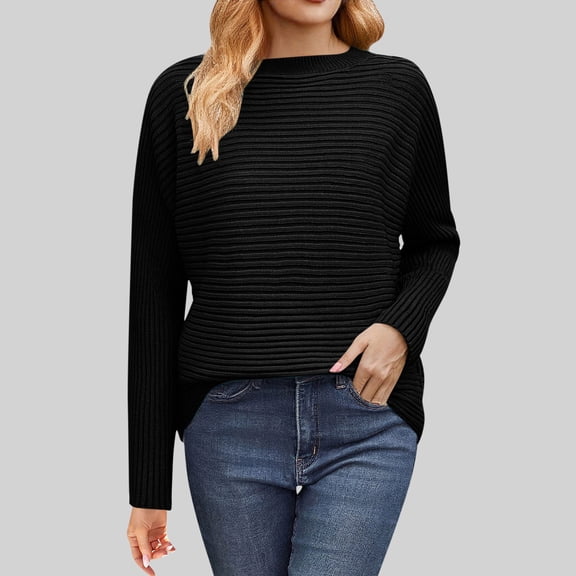 Dxzfnsa Womens Casual Oversized Loose Solid Round Neck Sweater Long Sleeved Business Casual Outfits for Women Black-L