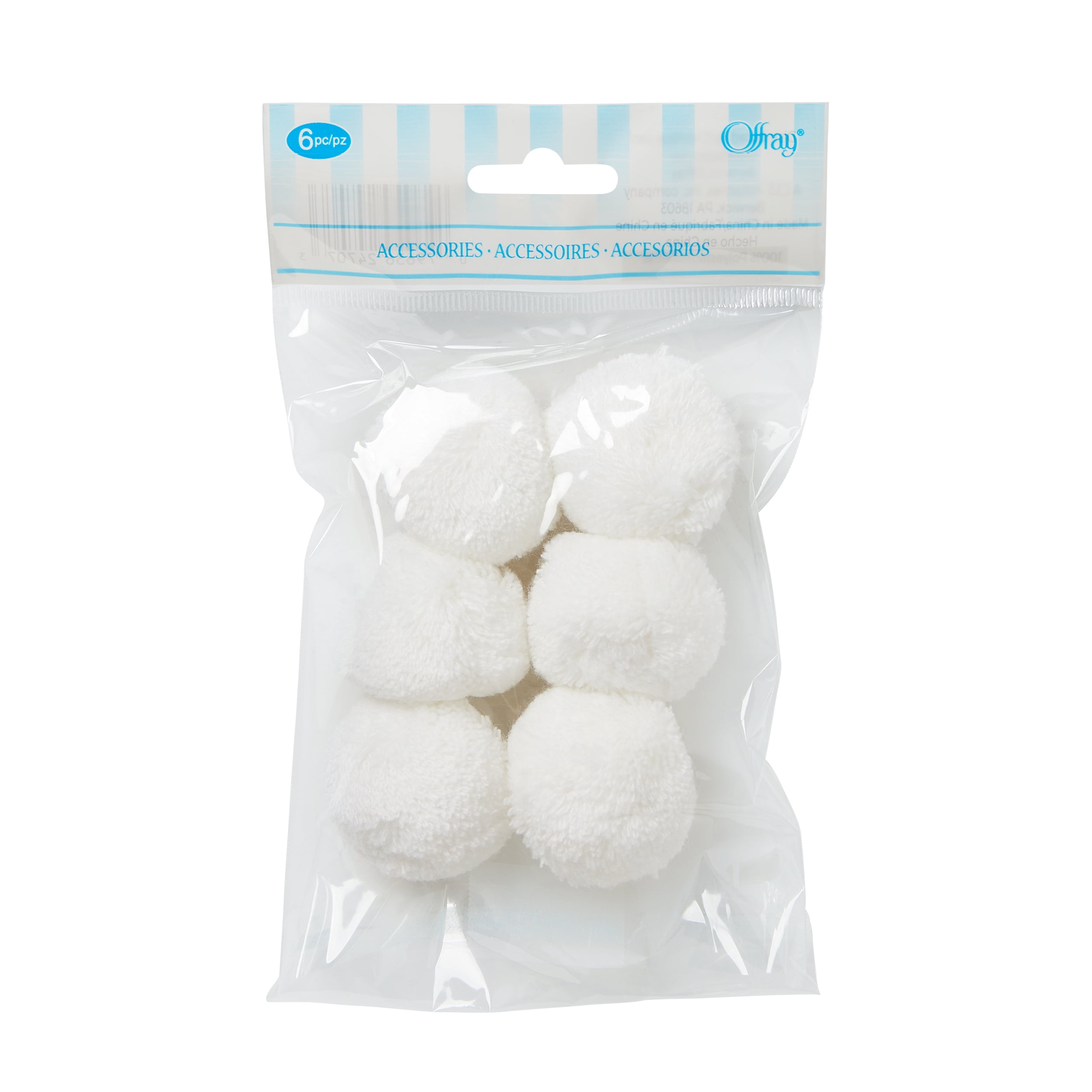 (3 pack) Offray White 1 1/2" Acrylic Yarn Pom Poms Ebellishments, 6 Count, 1 Package