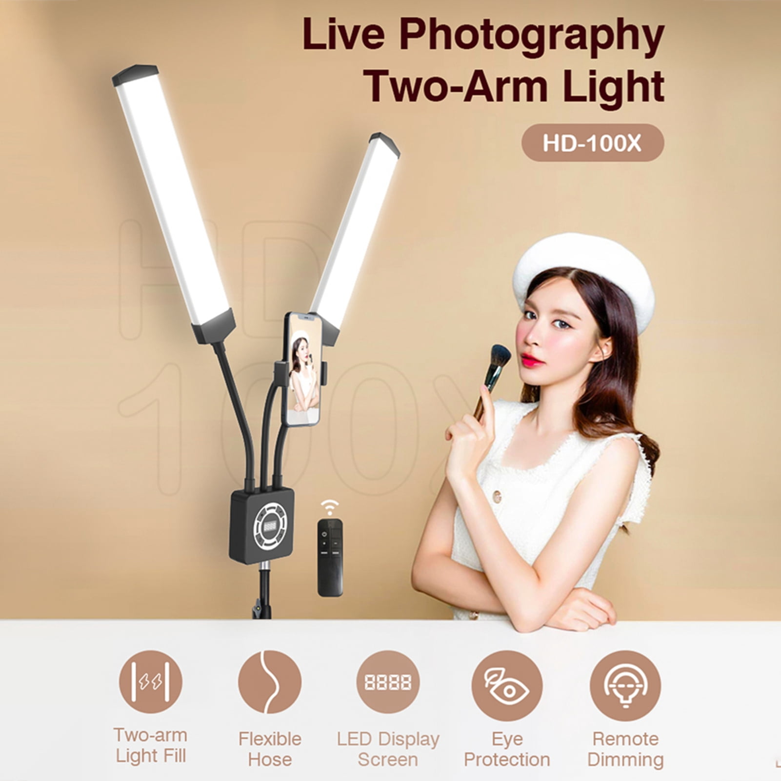 Light 40W Dual Arm Fill Light Multi Angle Rotatable Hose Tube Design 196pcs Beads 3200K To 5600K Color Temperature Stepless Adjustable Video Light With Phone Clip Tripod Stand