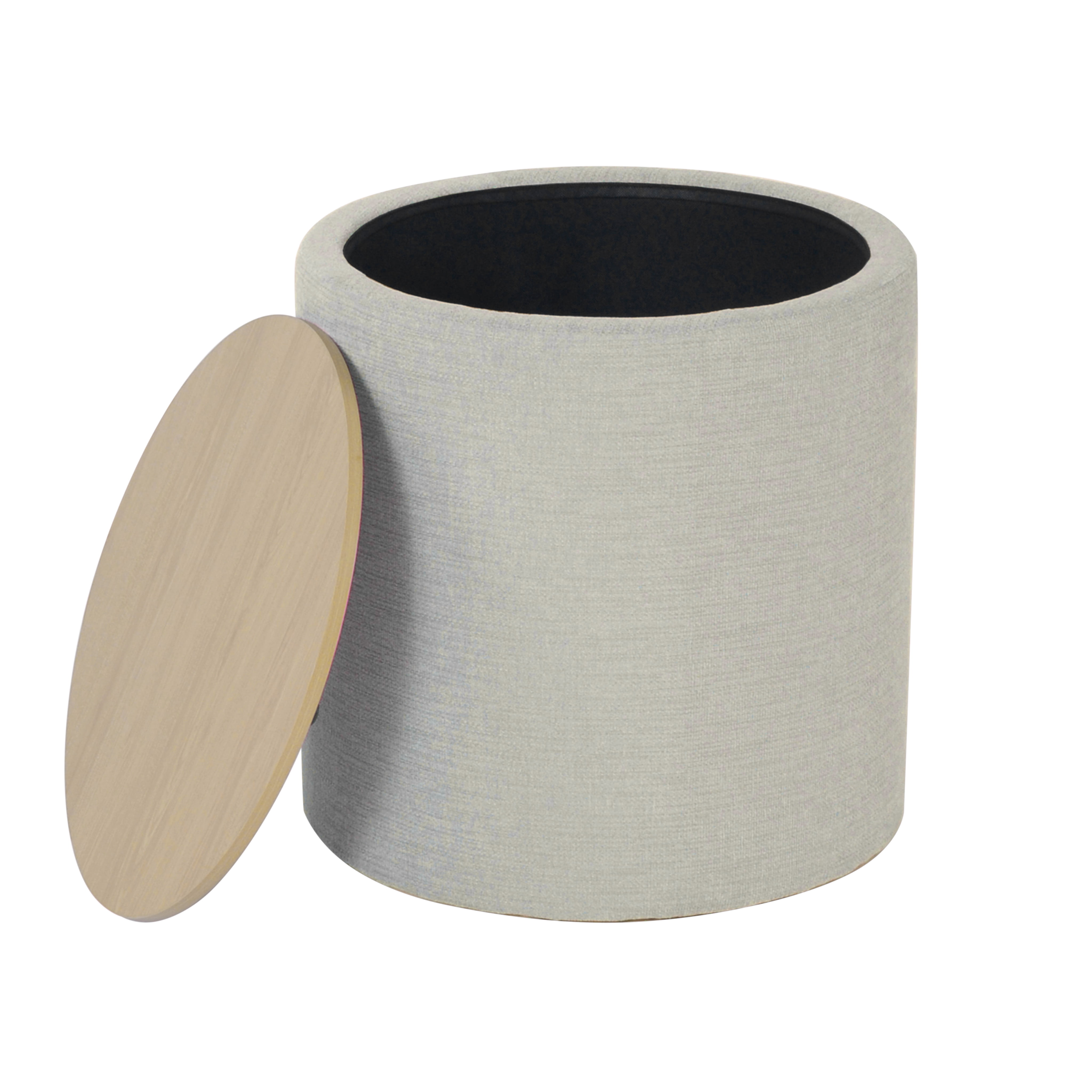 Storage Small Round Storage Ottoman with Wood Lift-Top Lid, Light Gray/Natural