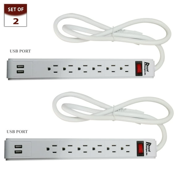 Royal Designs White USB Power Strip and Surge Protector with 6 Outlets and Two USB Ports, Set of 2