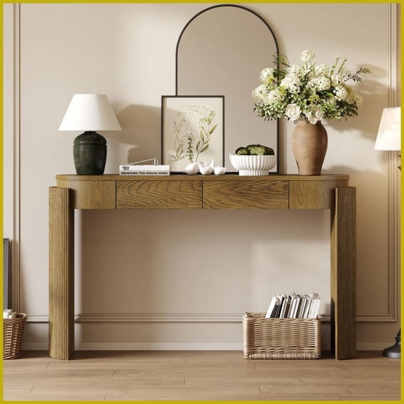 Natural Wood Grain Coffee Table with Fluted Legs & 2 Drawers, Space-Saving for Entryway/Living Room, Easy Assembly