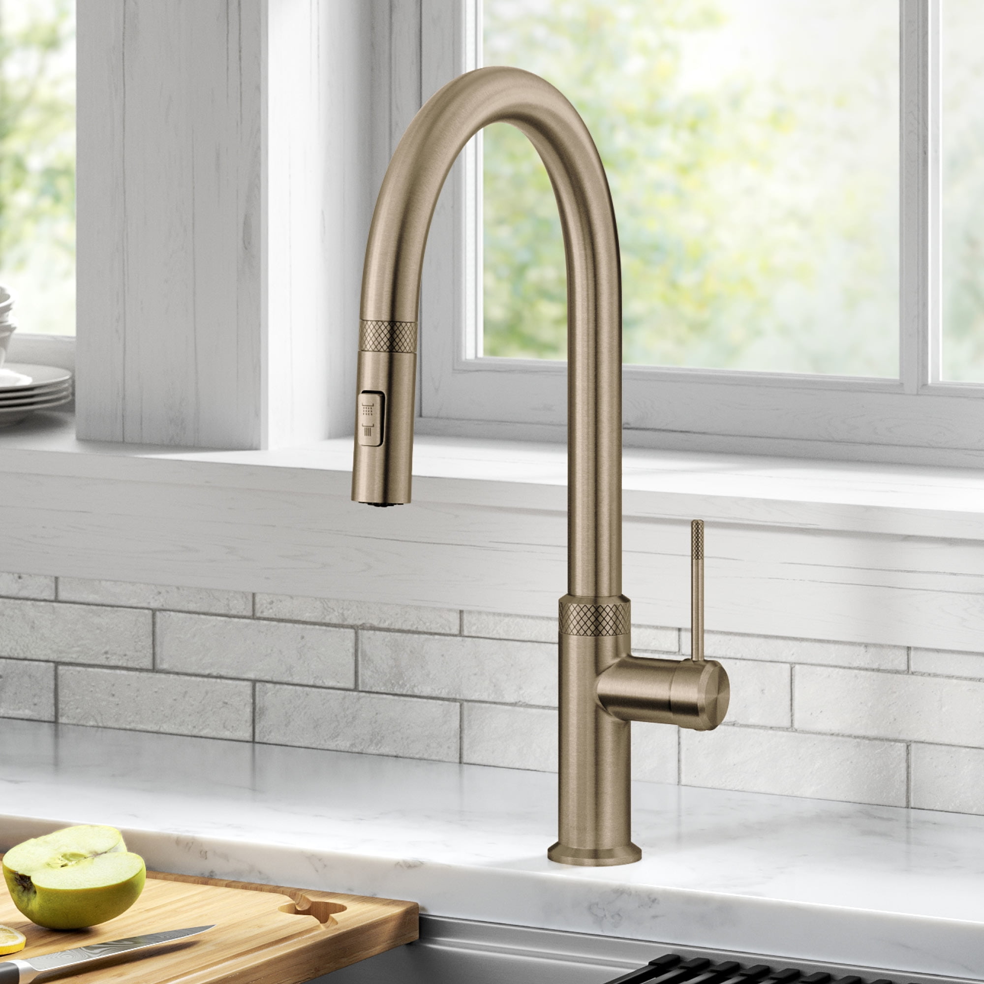 KRAUS Oletto Modern Industrial Pull-Down Single Handle Kitchen Faucet in Brushed Gold