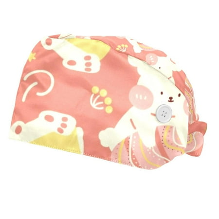 

2PCS Working Cap with Buttons and Sweatband Adjustable Tie Back Hats Bouffant Caps Flower Scrub Turban Hat