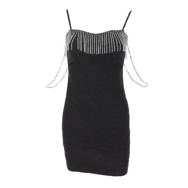 VISgogo - Vestido corto informal con tirantes para mujer, a la moda, color sólido, con borlas, cadena, cuello barco, ajustado VISgogo moda