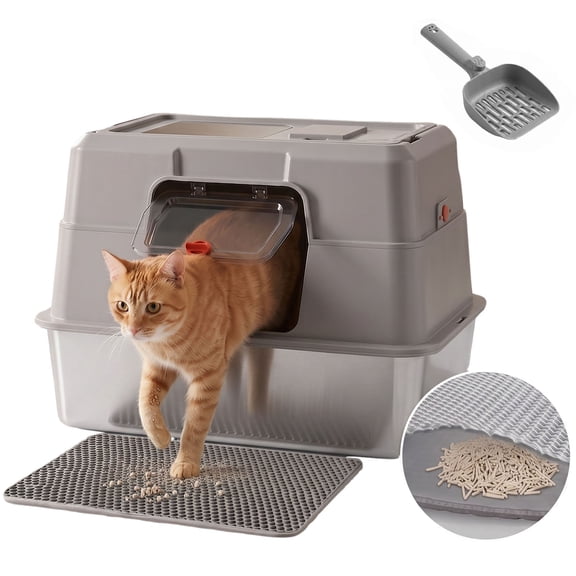 Topchances Stainless Steel Cat Litter Box, Enclosed Cat Litter Pan Kitty Litter Tray with Lid, Scooper and Mat, High Wall Enclosure, Non-Stick and Easy to Clean (Gray)