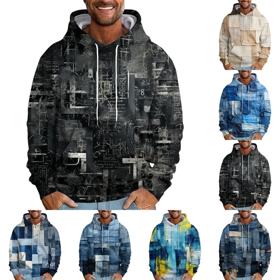 Men's Oversized Graffiti Print Hooded Sweatshirt, Long Sleeve Loose Fit Casual Pullover Fleece Hoodie for Streetwear,Black,2XL