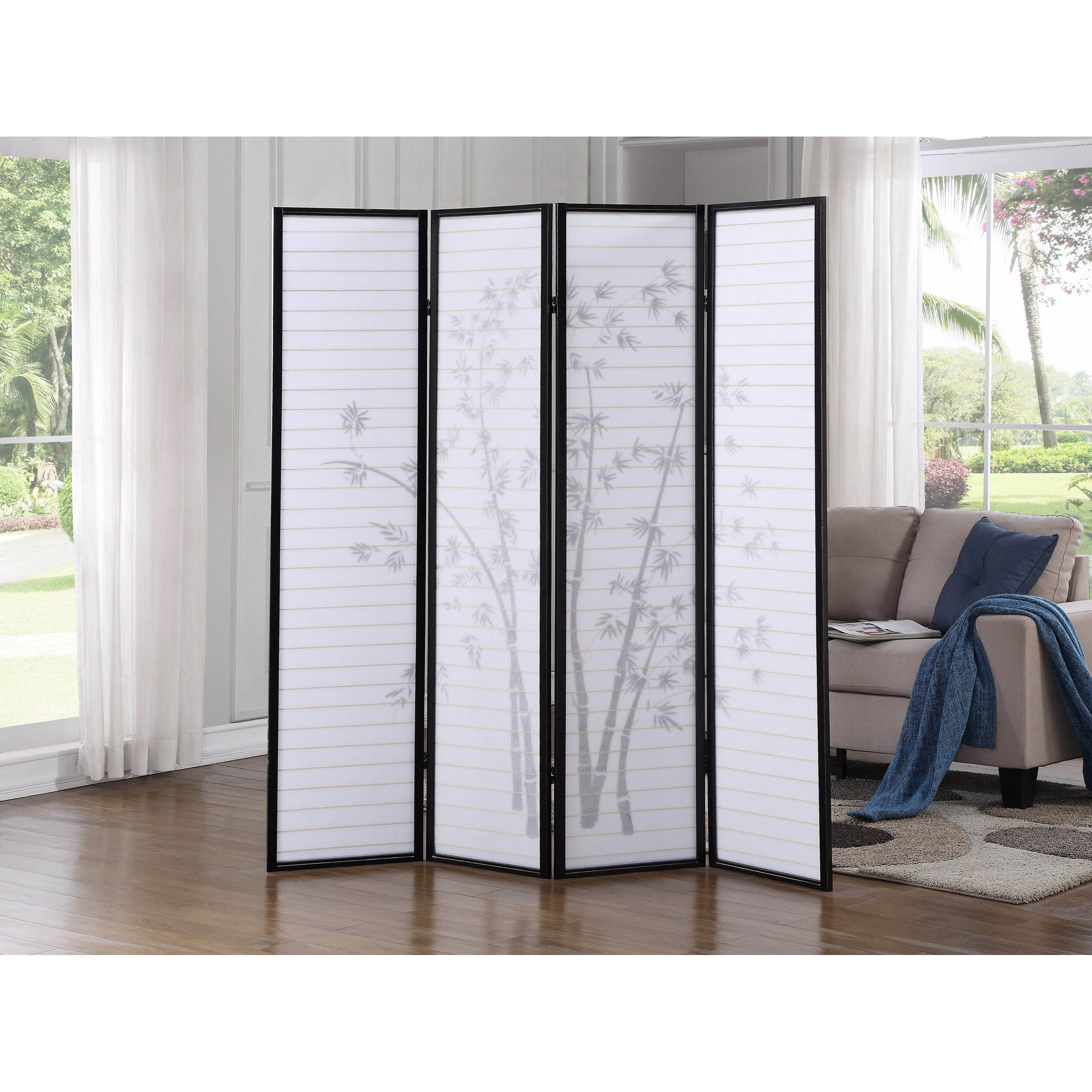 Roundhill Furniture Bamboo Print 4-Panel Framed Room Screen/Divider Black