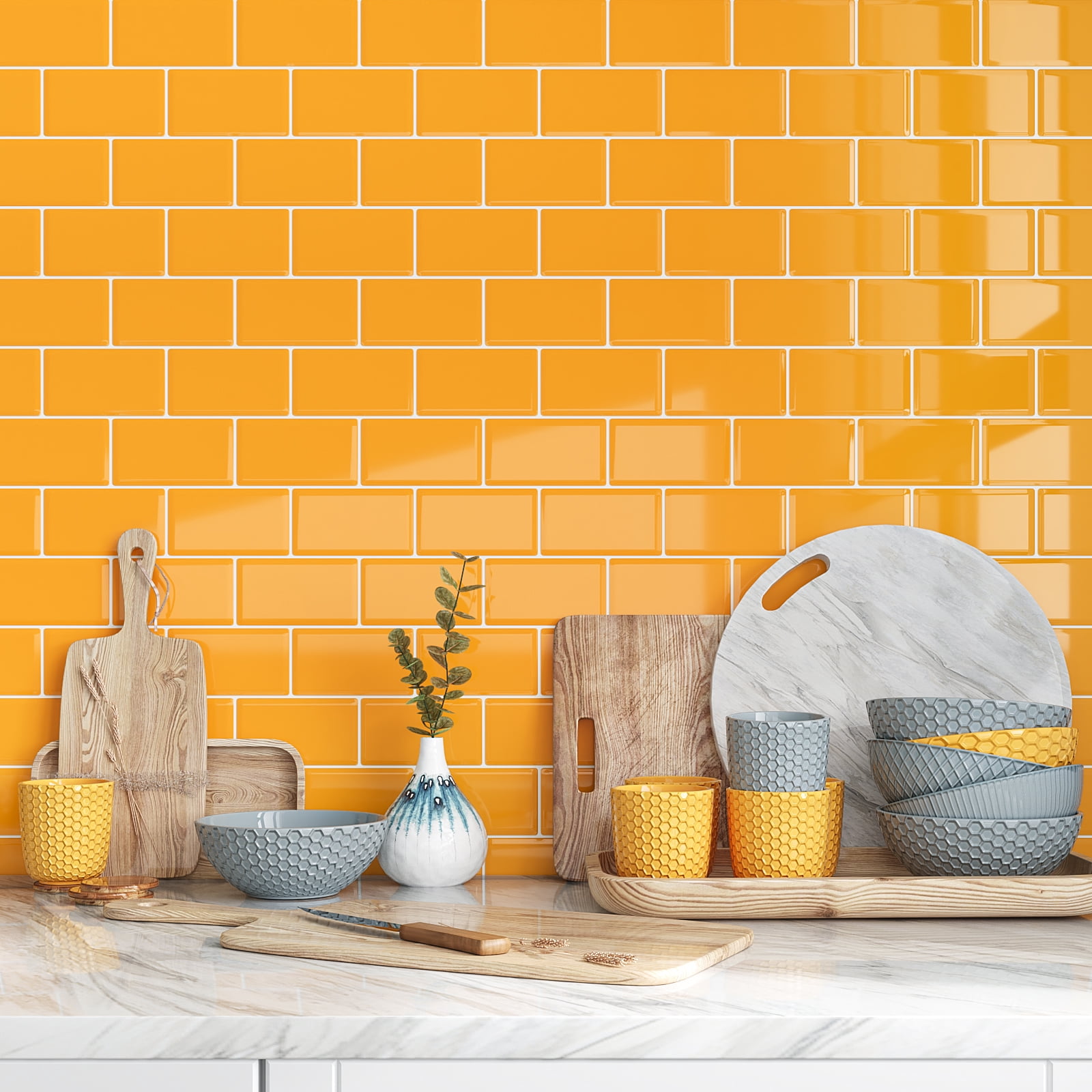 VEELIKE Yellow Subway Tile Peel and Stick Backsplash for Kitchen Waterproof 12"x12" 6 Sheets Yellow Wall Tiles for Bathroom Self Adhesive Vinyl Backsplash Tile Removable Stick on Tiles for Walls