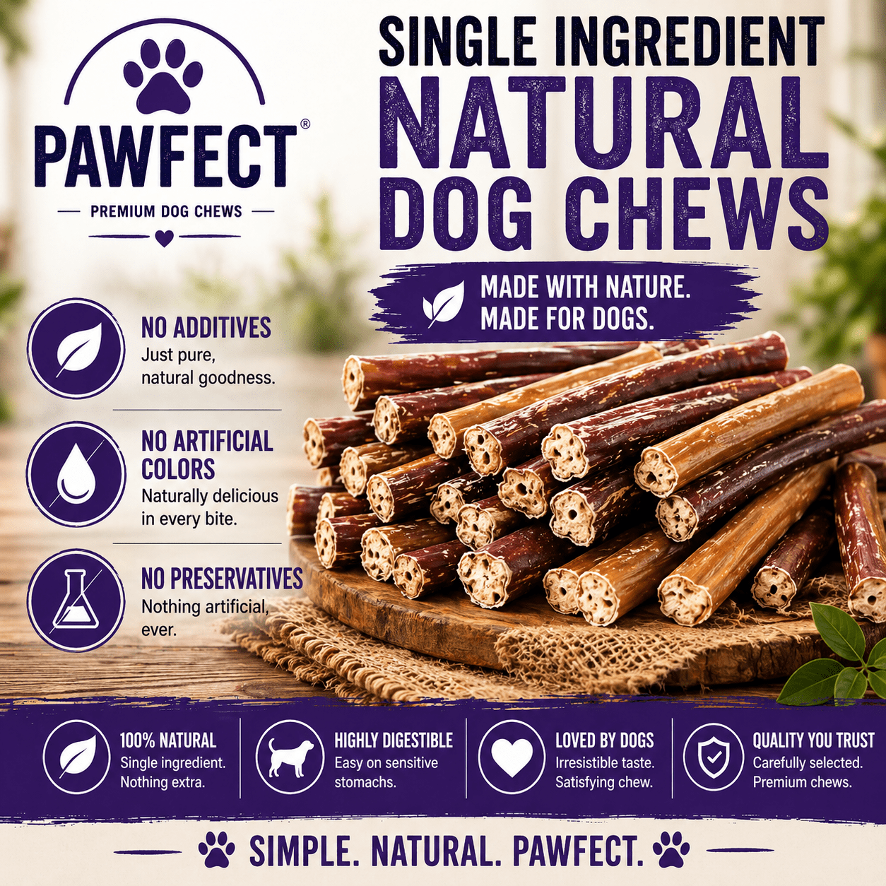 PAWFECT Bed Company and Pet Supply™ 6 Inch Bully Sticks for Dogs | Thick Cut | Single Ingredient Beef | Odor Reduced 6 pack jumbo cut low oder