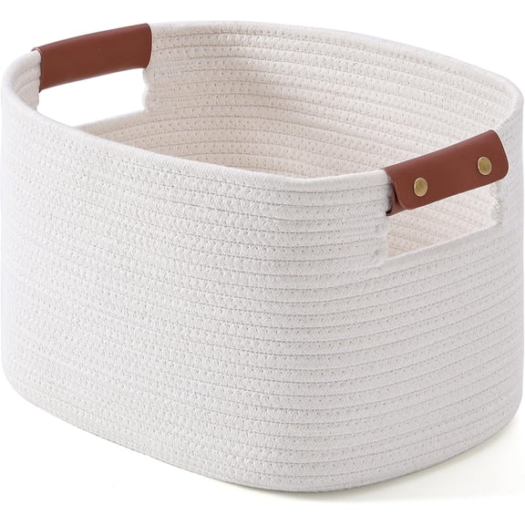 Woven Cotton Rope Storage Basket,Decorative Woven Basket,Woven Shelf Storage Bin with Detachable Leather Handles for Closet Storage,Woven Baskets For Toy,Blanket, Book Storage(White,1 pack)