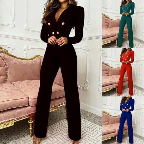 Joernso Women Jumpsuit V Neck High Waist Polyester Long Pants Office Romper for Daily Wear