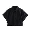 thumbnail image 4 of Summer New Fashionable Versatile Lapel Short Sleeve Striped Pocket Shirt Top-White-L, 4 of 4