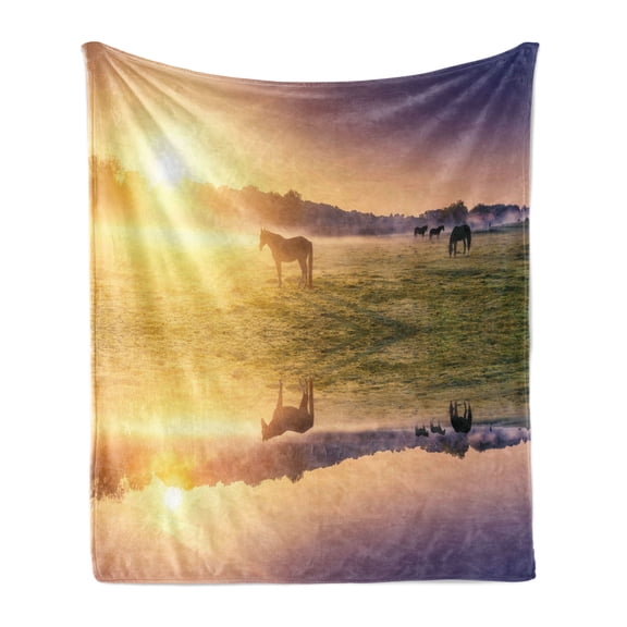 Nature Soft Flannel Fleece Throw Blanket, Horse Valley in South a Lake Reflection and Sun Rising Above Mountains Print, Cozy Plush for Indoor and Outdoor Use, 50" x 70", Multicolor, by Ambesonne