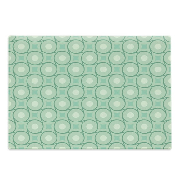 Mint Cutting Board, Circles and Dots Linked with Lines Wavy Squares Geometric Retro Style, Decorative Tempered Glass Cutting and Serving Board, Large Size, Almond Green Emerald, by Ambesonne